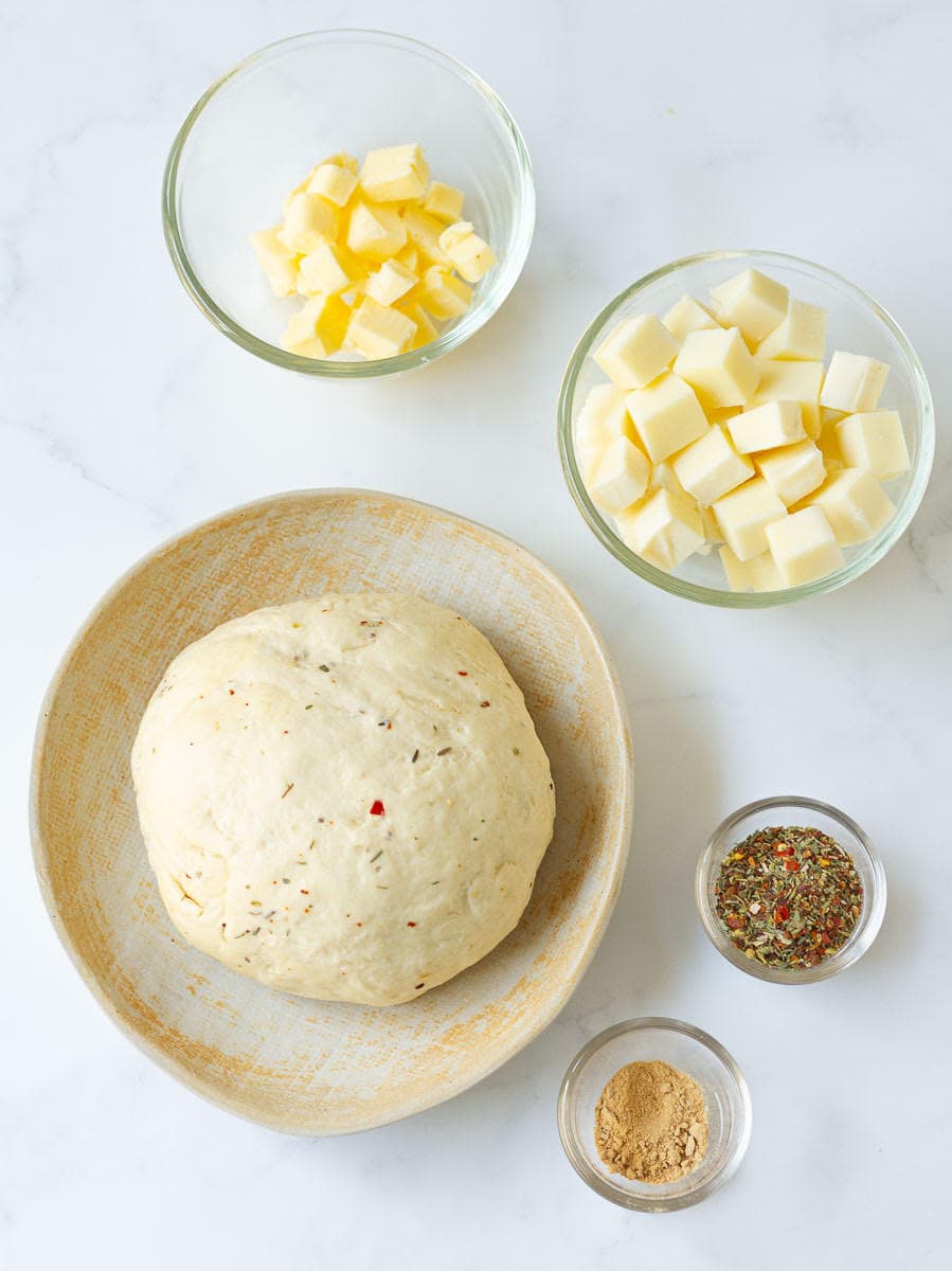 Ingredients for making pizza pull-apart bread