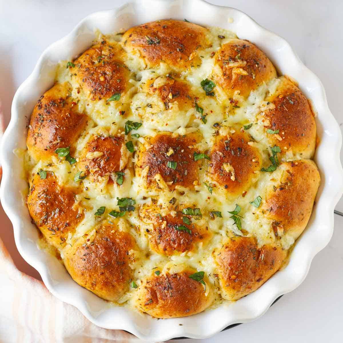 Easy Pizza Pull-Apart Bread in a round dish.