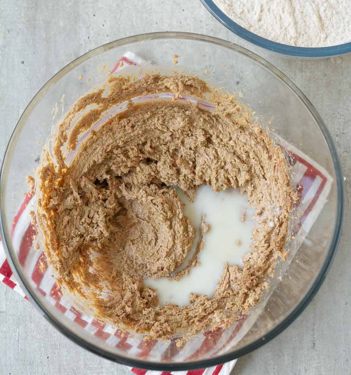 wet ingredients for oatmeal cookies in a mixing bowl.