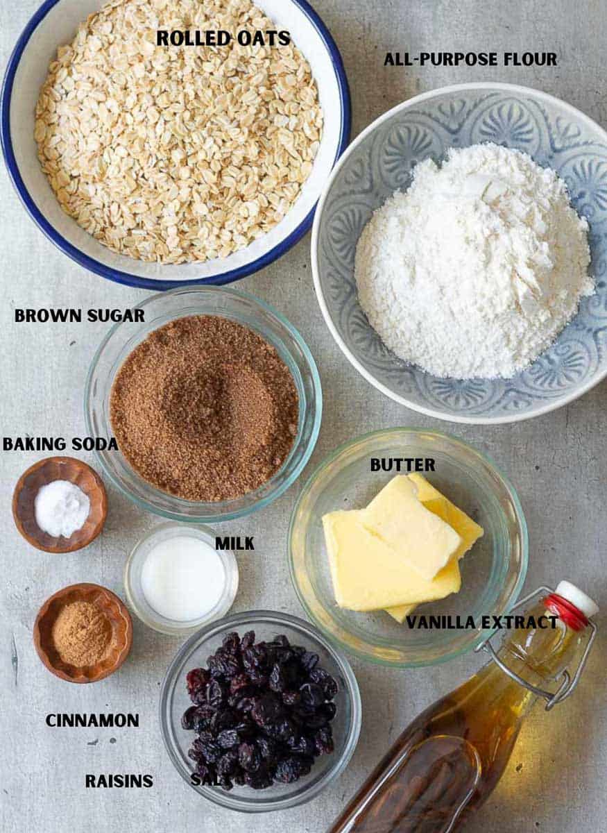 Ingredients for making oatmeal raisin cookies.
