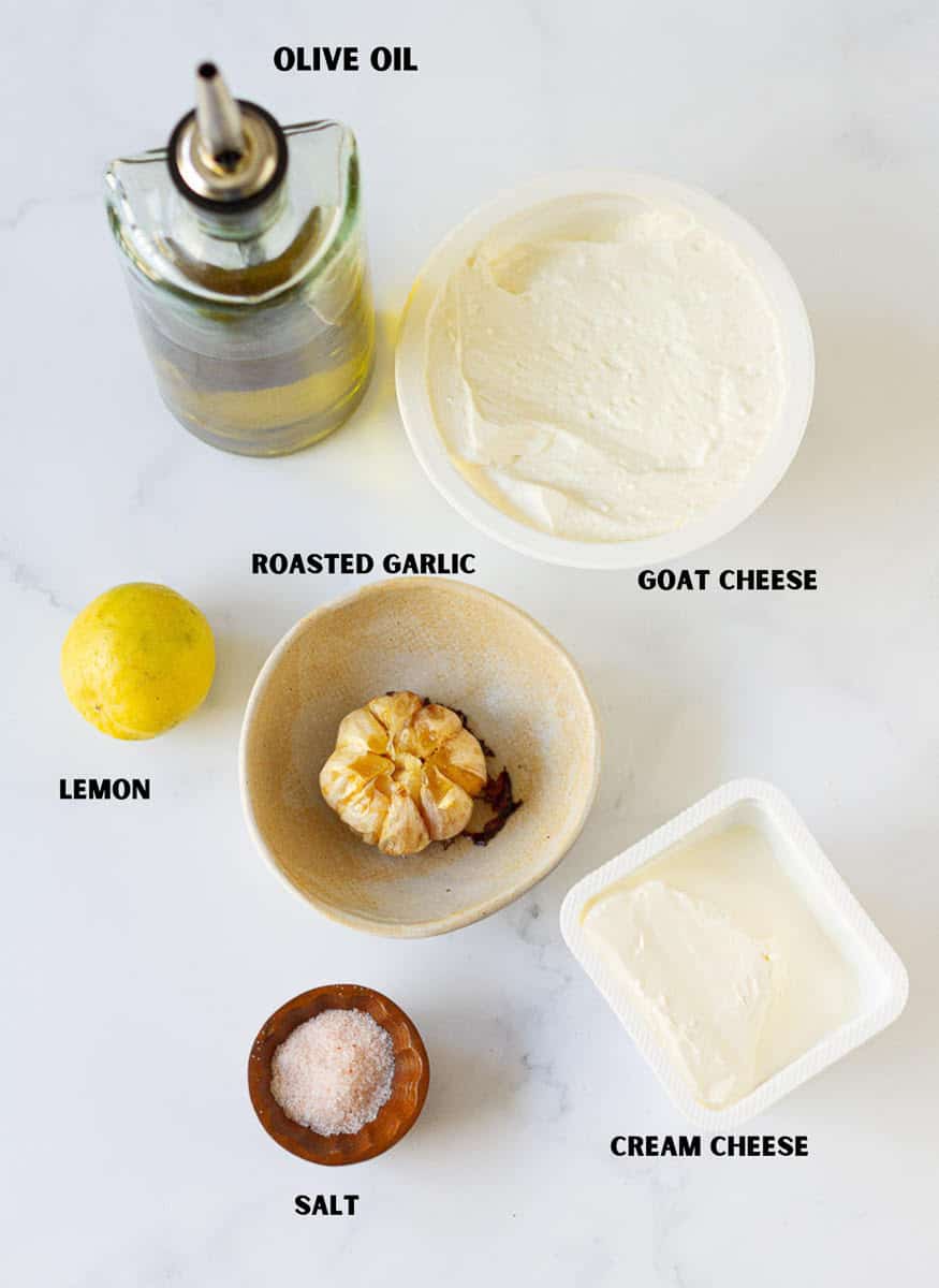 Labelled ingredients for making whipped goat cheese dip.