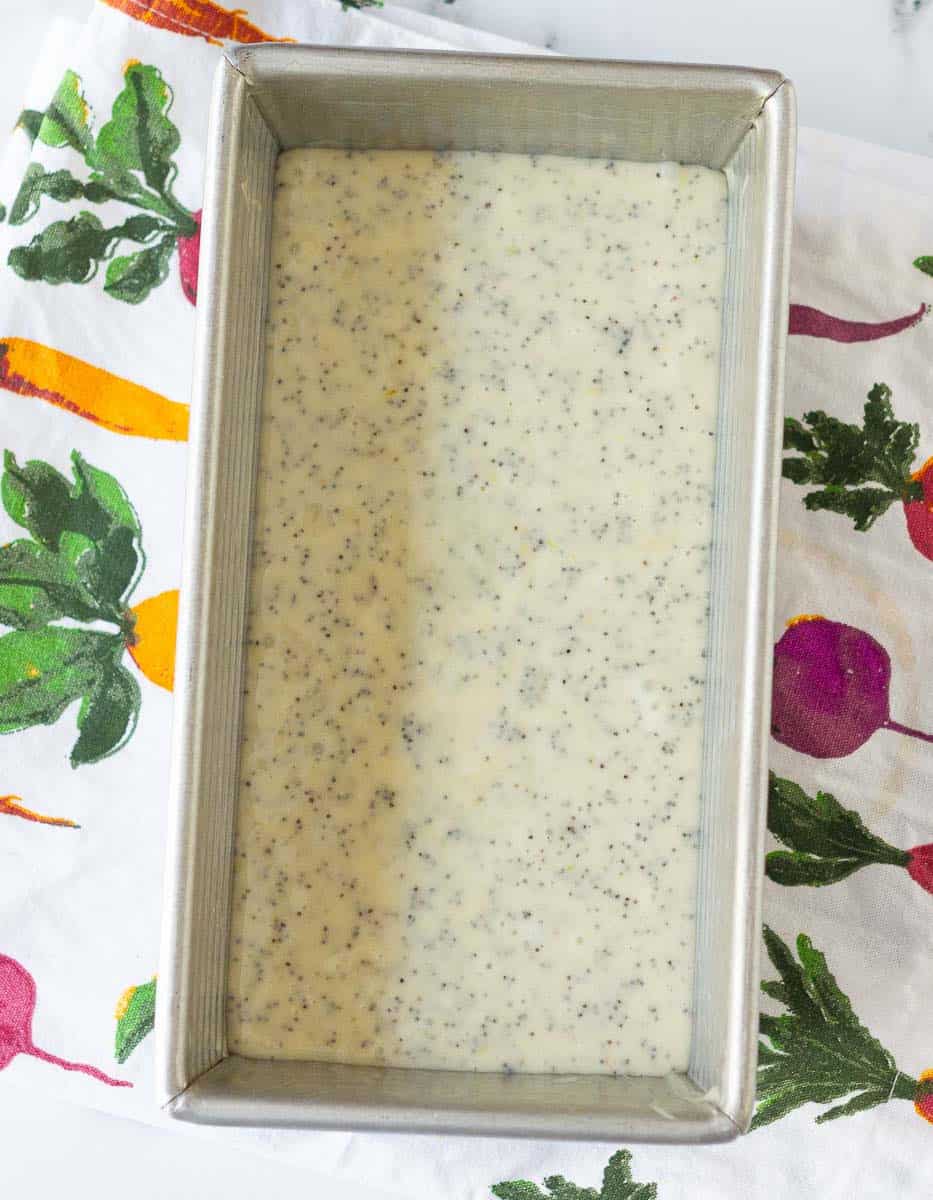Lemon Poppy Seed Bread batter in a baking pan.