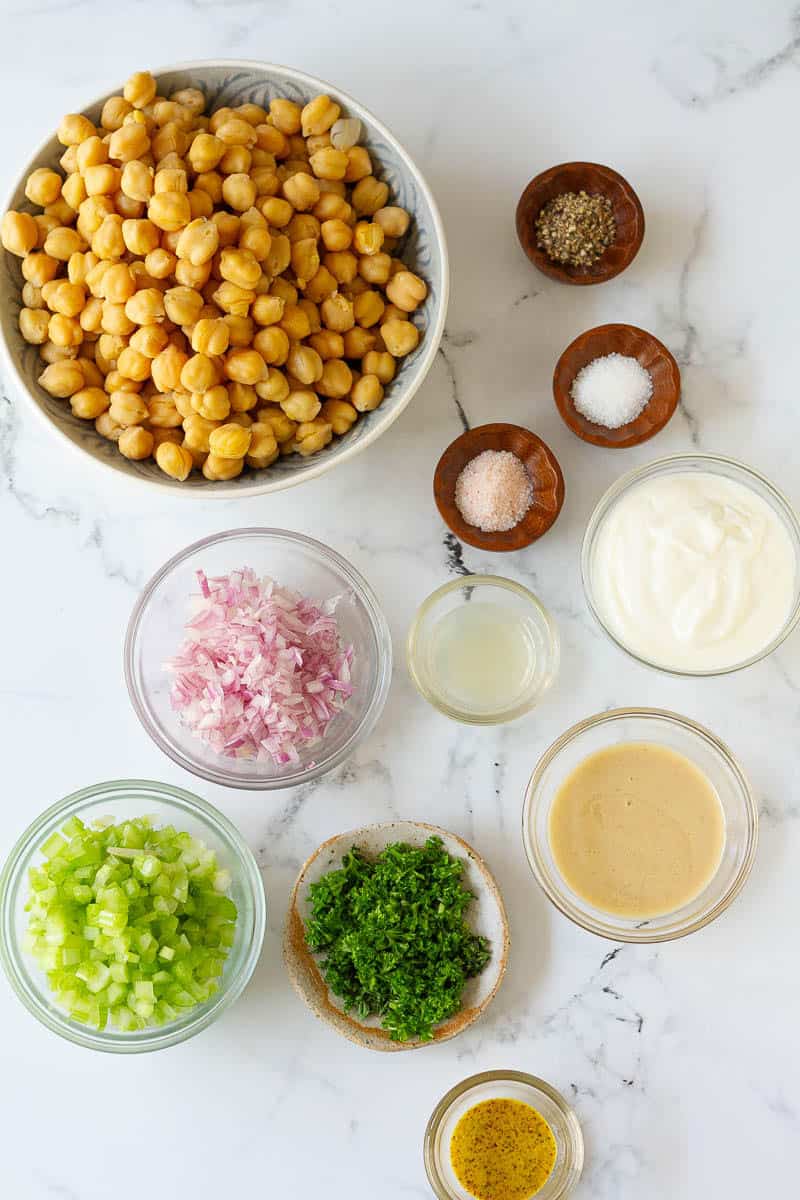 Ingredients for making smashed chickpea salad