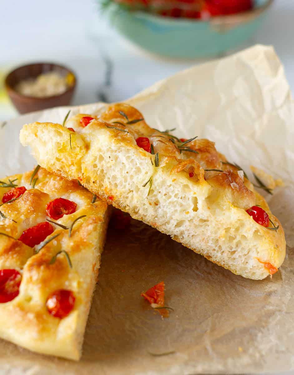 mini no-knead focaccia cut in 2 halves