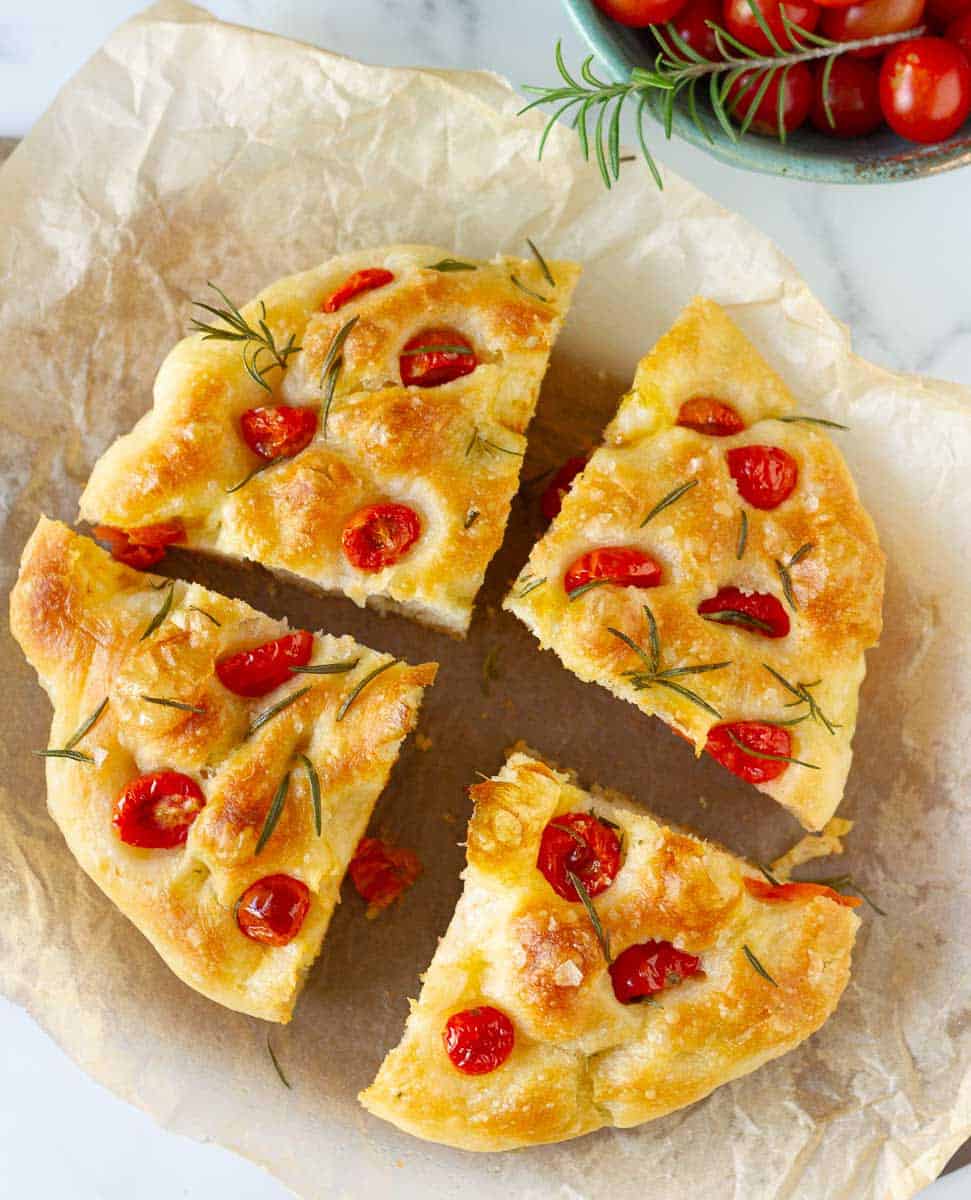 mini focaccia cut into quarters