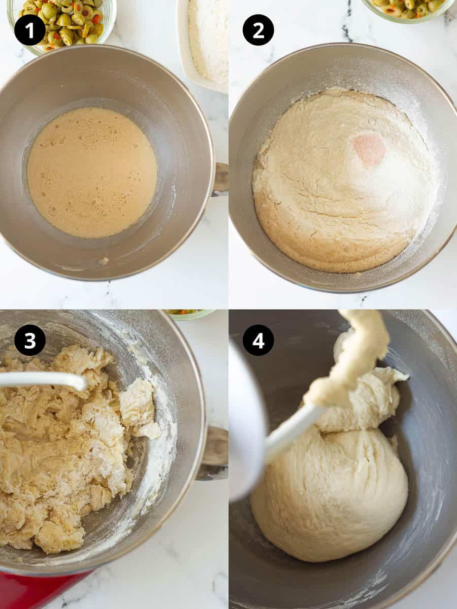 Steps for kneading the dough for olive bread
