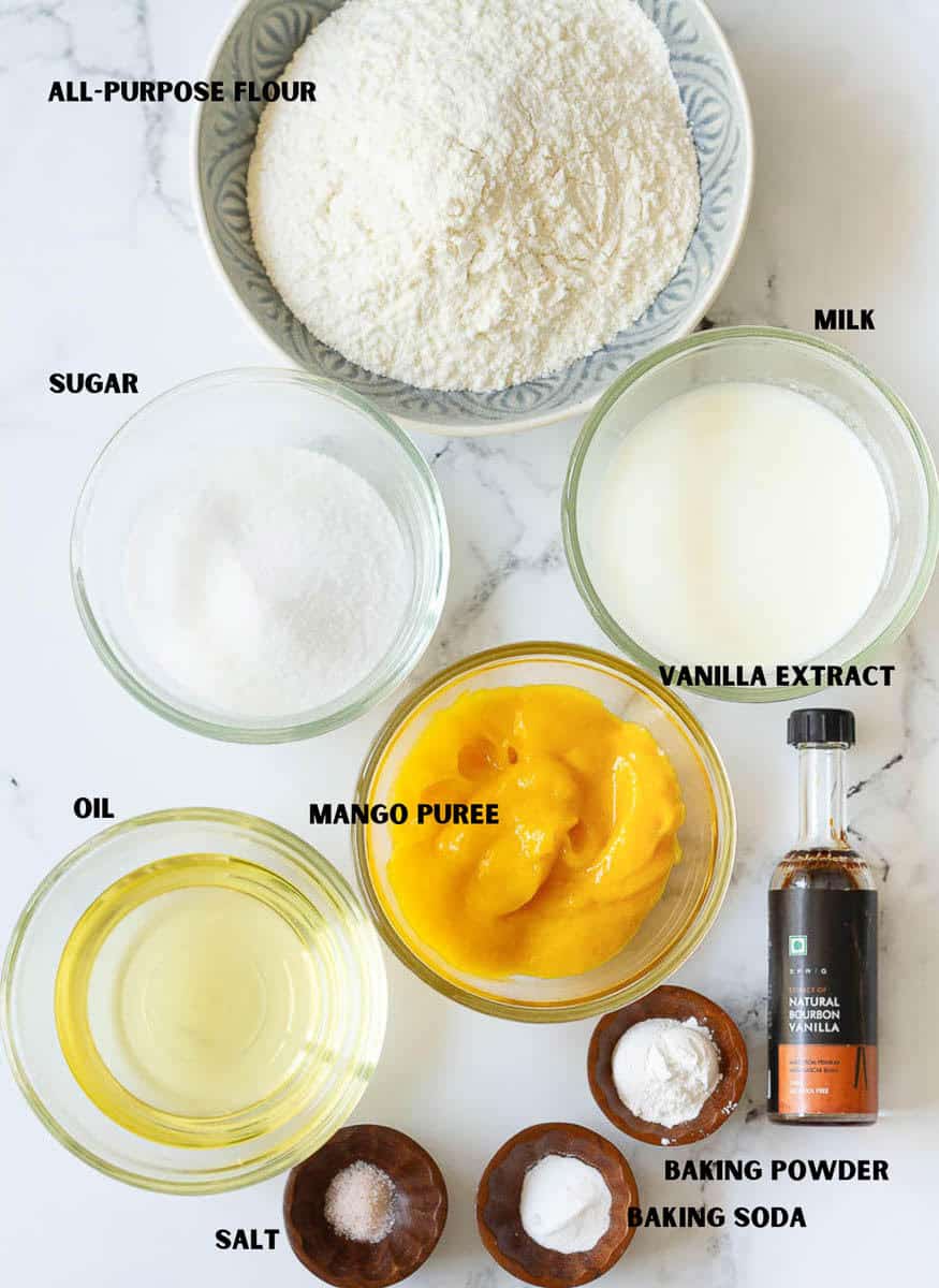 Ingredients for mango tres leches sponge cake.