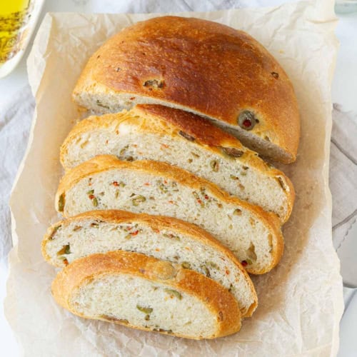 Sliced Olive Bread on parchment paper.