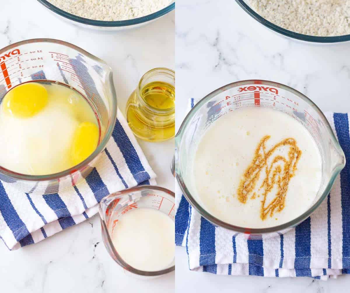 Whisking all wet ingredients together for the almond poppy seed bread batter