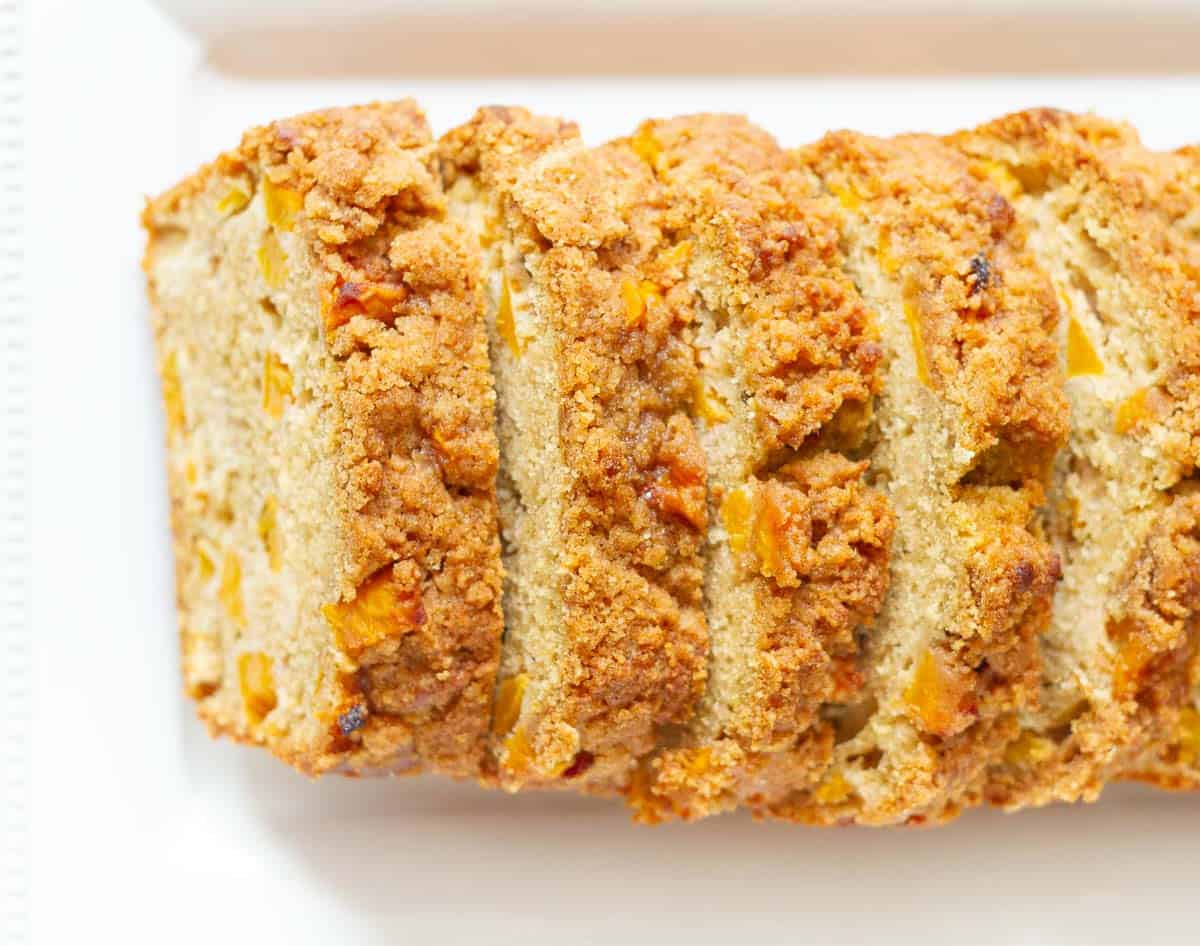 Sliced peach bread on a white platter.
