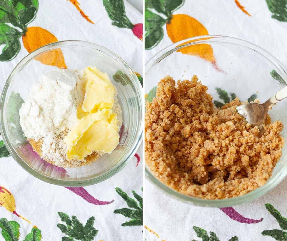 Ingredients for making streusel and streusel in a small bowl.