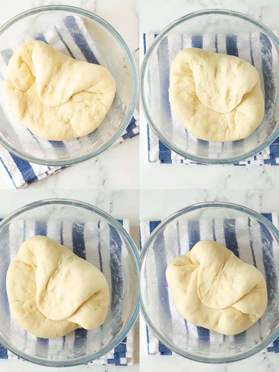 Steps showing how to fold bread dough in a mixing bowl.