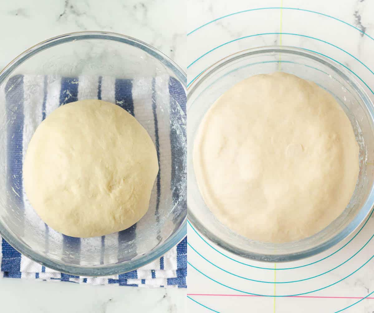 Bread dough in a mixing bowl before and after proofing.