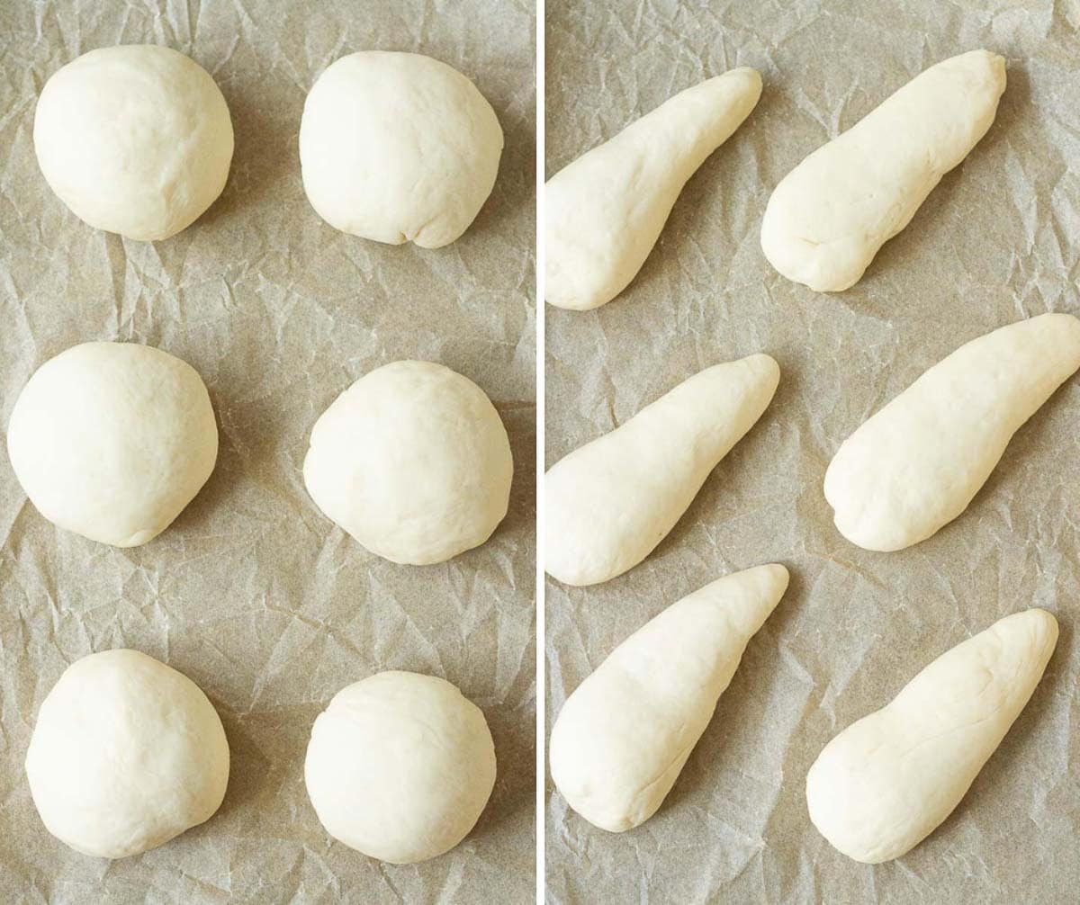 Dough balls and preshaped dough balls into tear drop shape for making rolls.