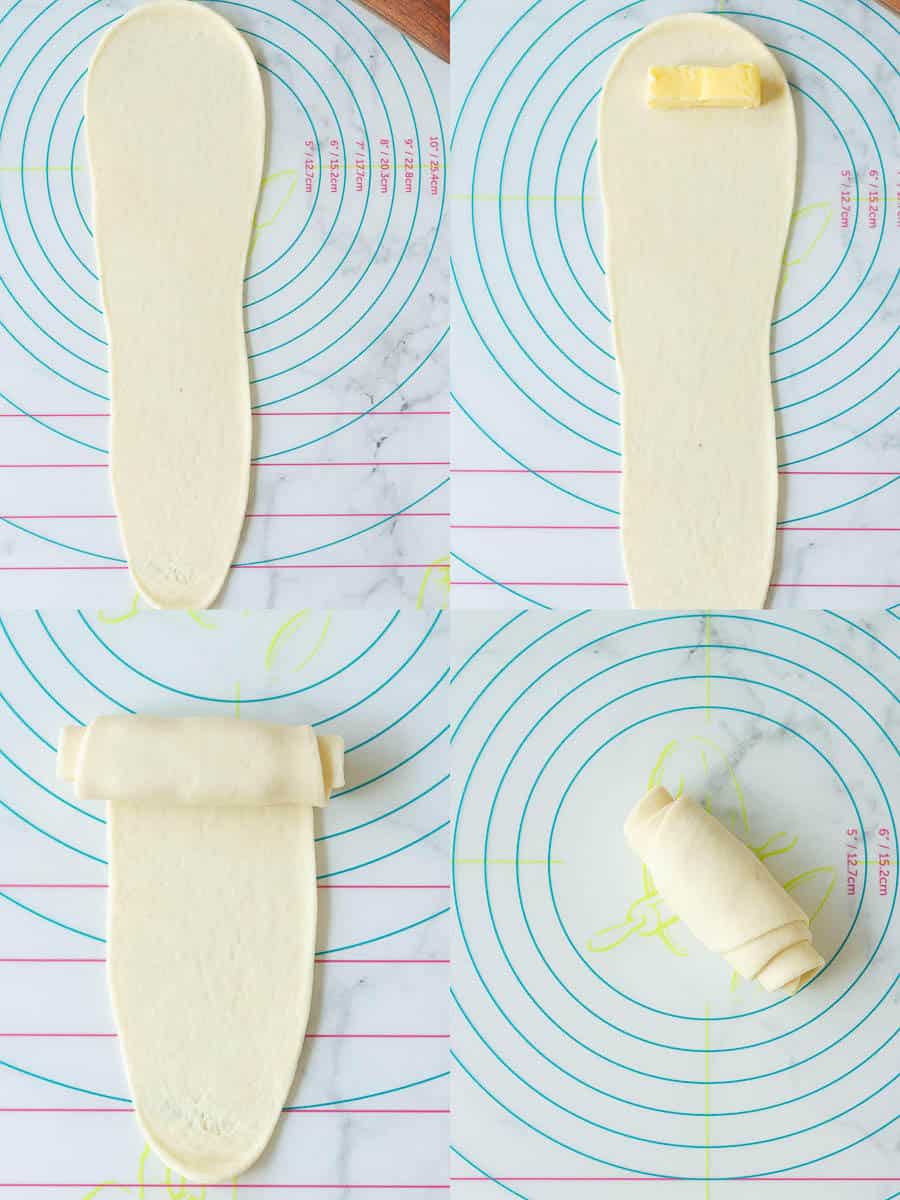 Steps for final shaping of the dough for making salt bread.