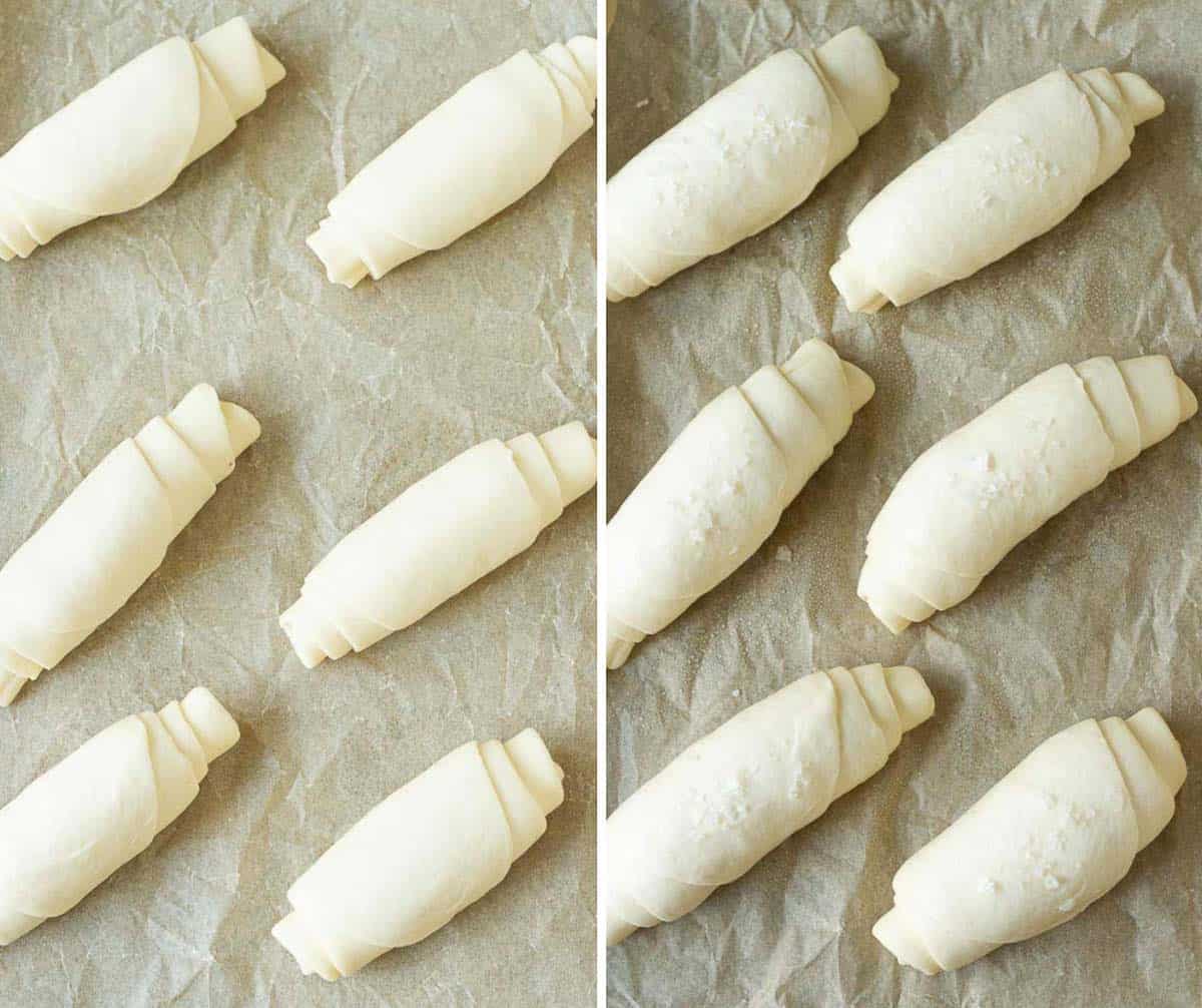 Shaped salt bread rolls before and after final proofing.