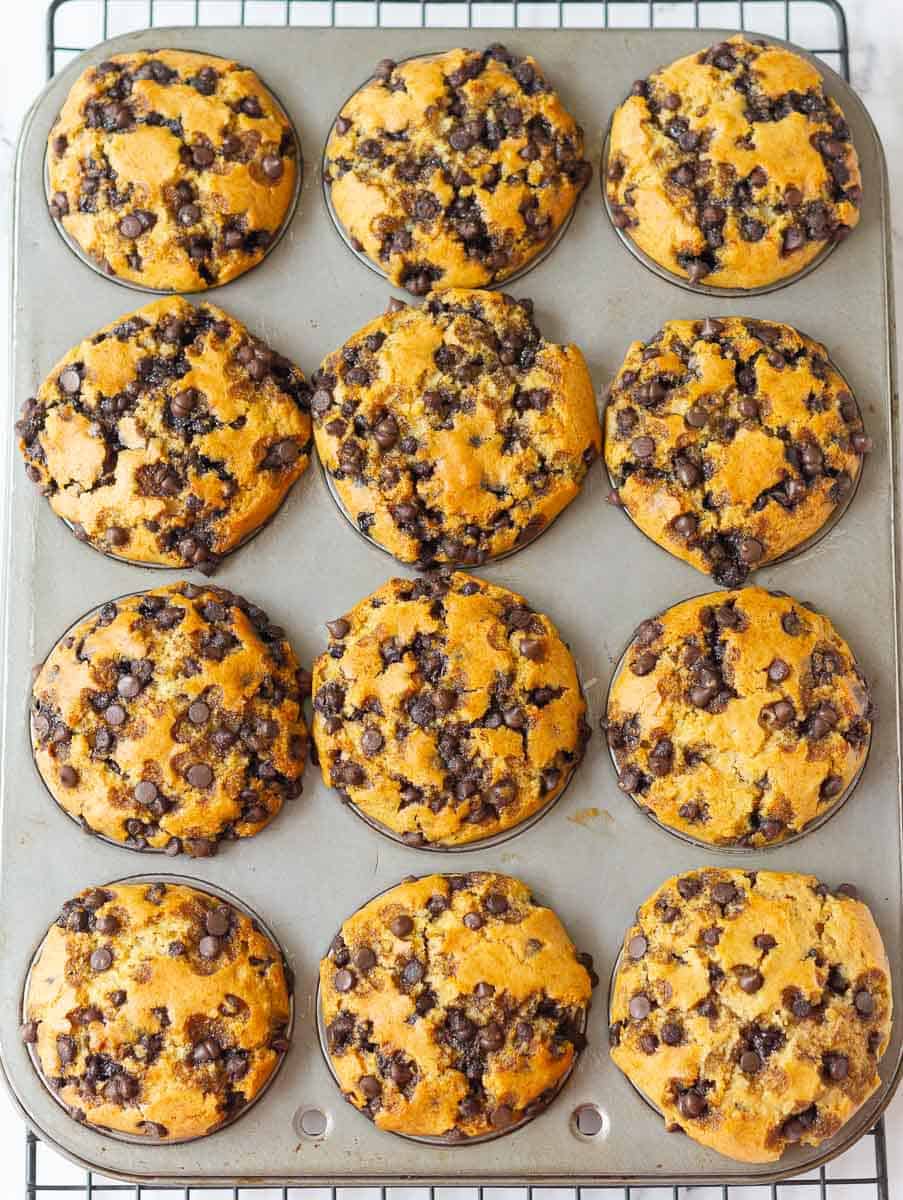 Baked muffins with chocolate chips in a muffin tray.