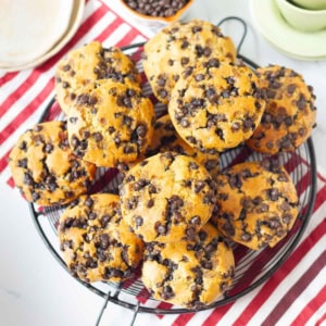 Chocolate Chip Muffins on a round wire rack.