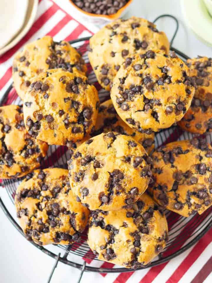 Chocolate Chip Muffins on a round wire rack.