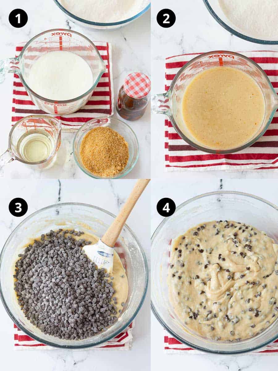 Steps for making Chocolate Chip Muffins.