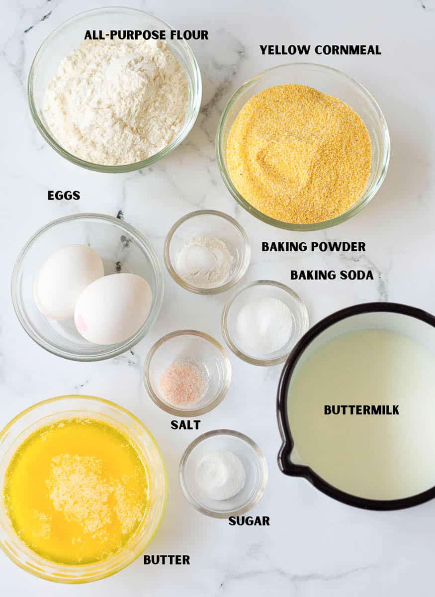 Ingredients for making easy homemade cornbread recipe.