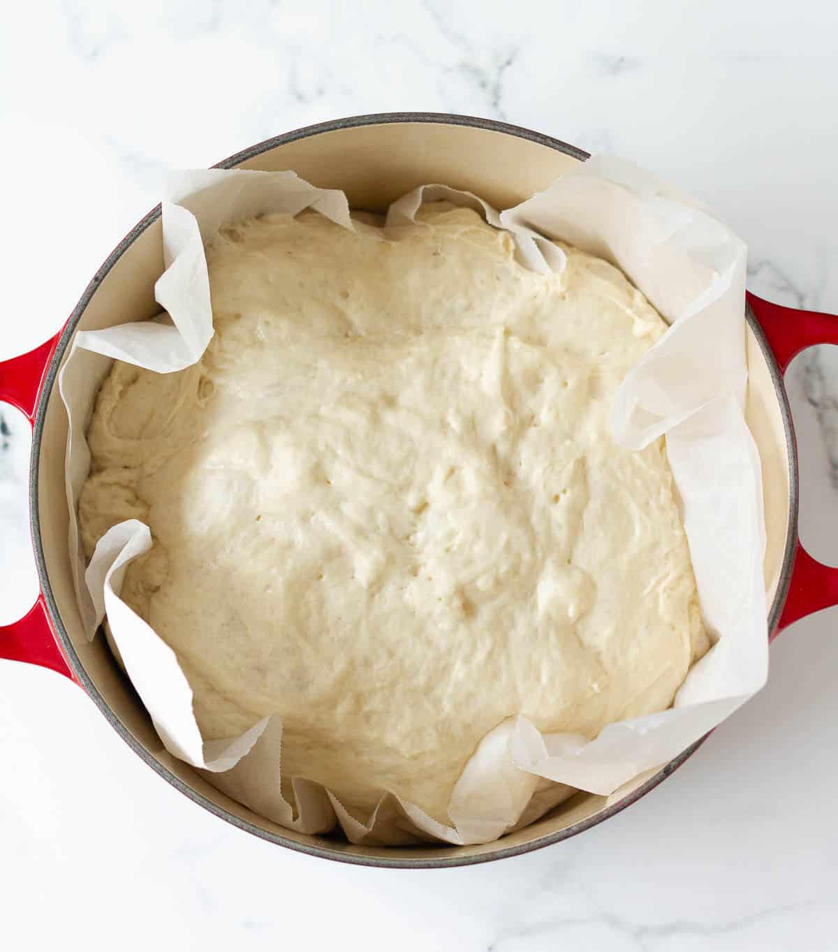 Bread dough on parchment paper in a Dutch oven.