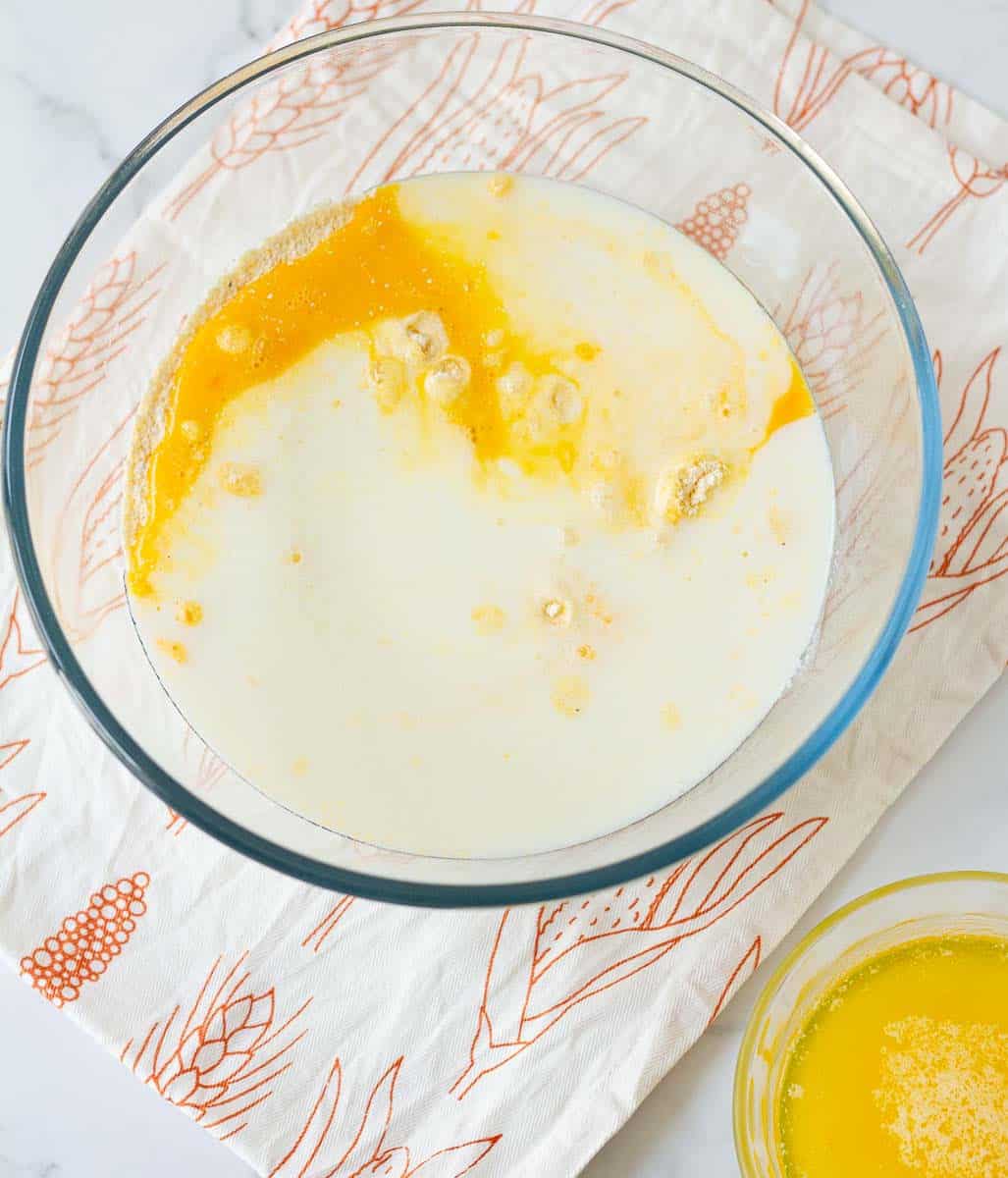 Mix all ingredients for cornbread in a large glass bowl.