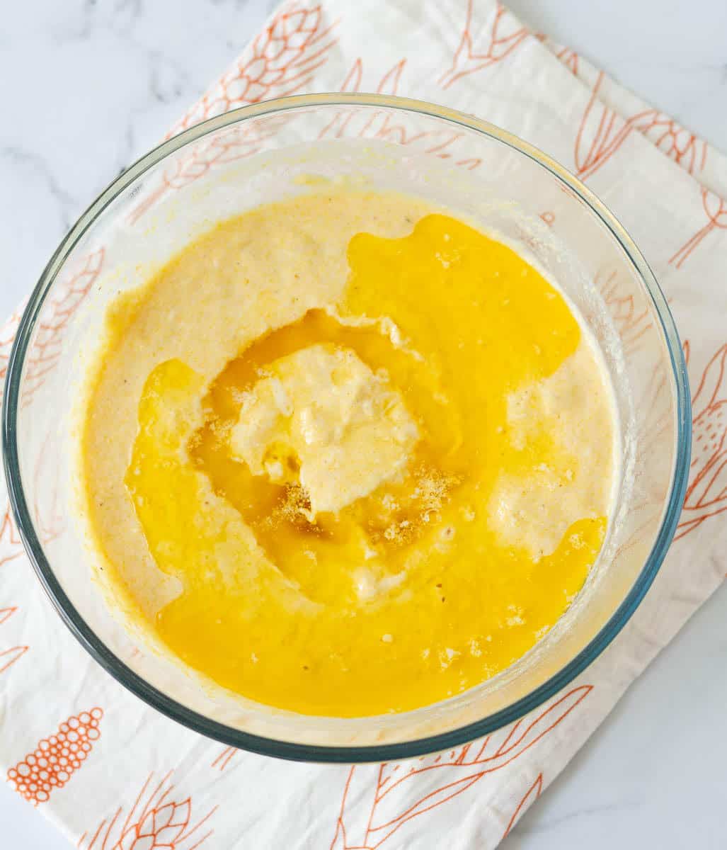 Whisk melted butter in the cornbread batter.