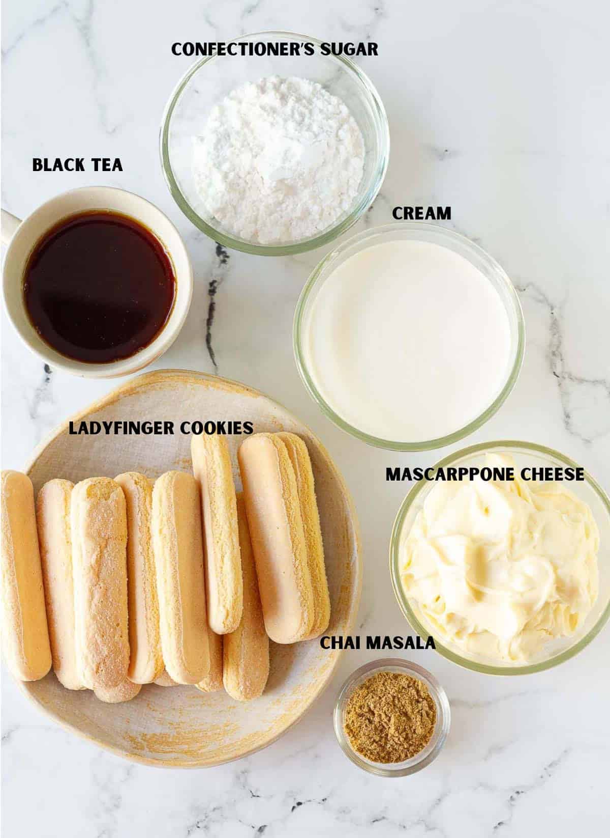 Ingredients for making chai tiramisu.