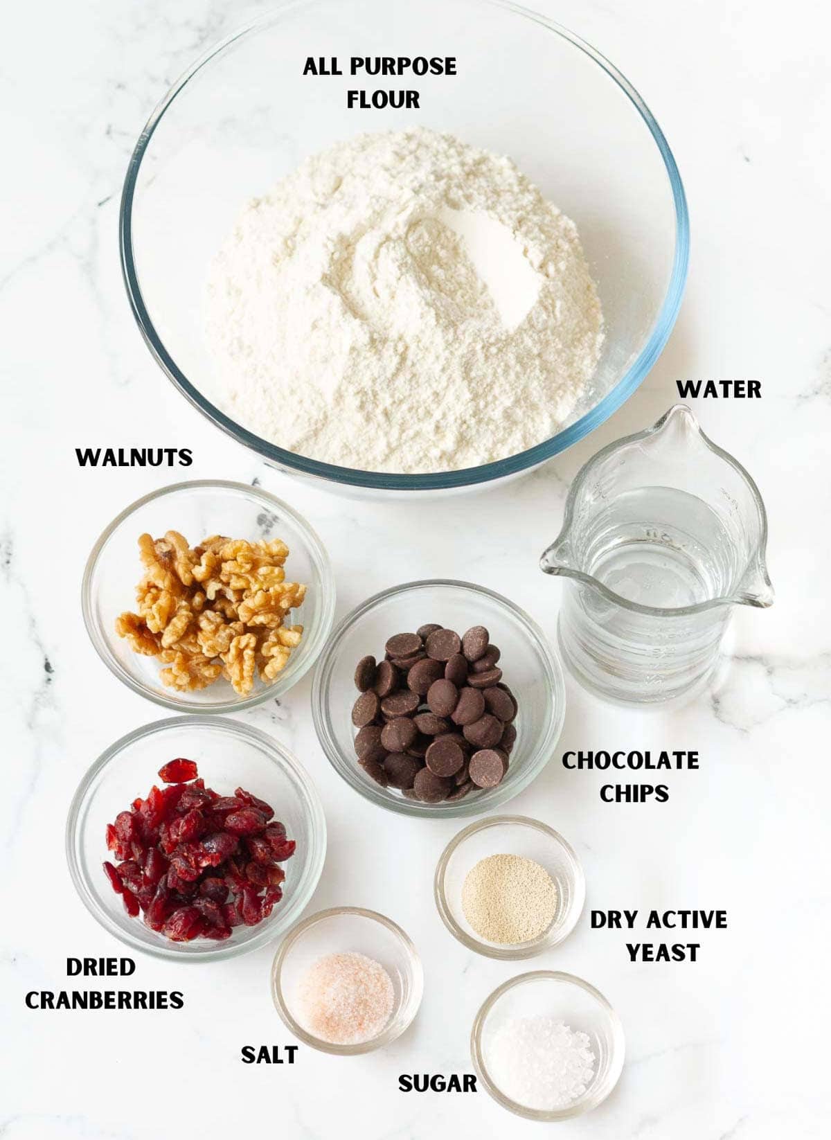 Ingredients for making no-knead cranberry walnut bread.
