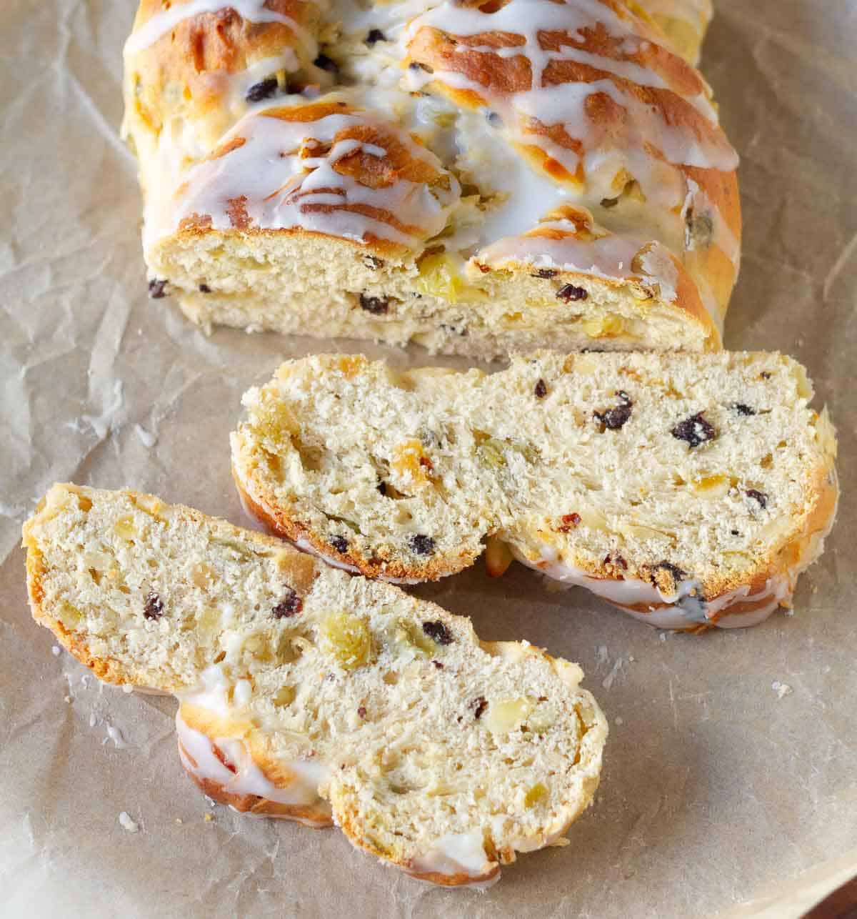 two slices of stollen kept flat to show the filling and texture.