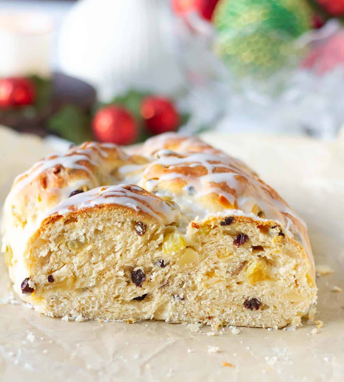sliced stollen bread on parchment paper.