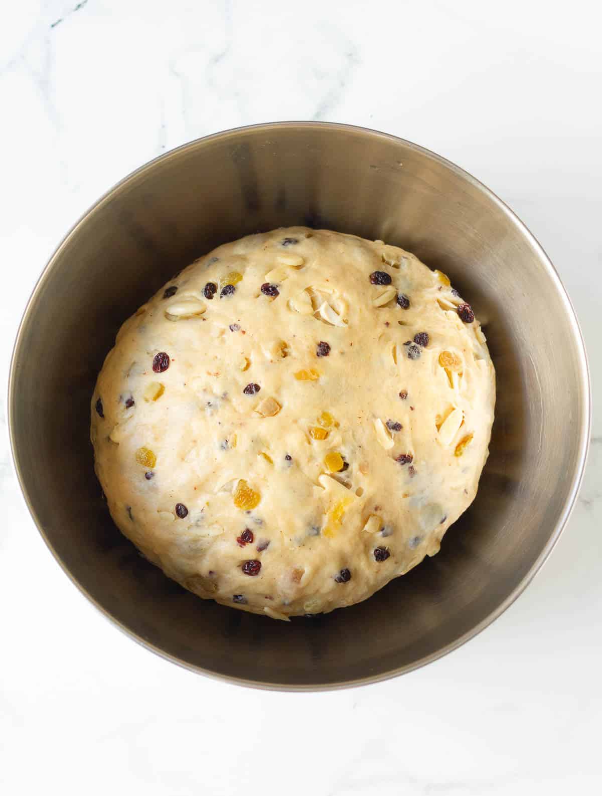 stollen dough in a mixing bowl.