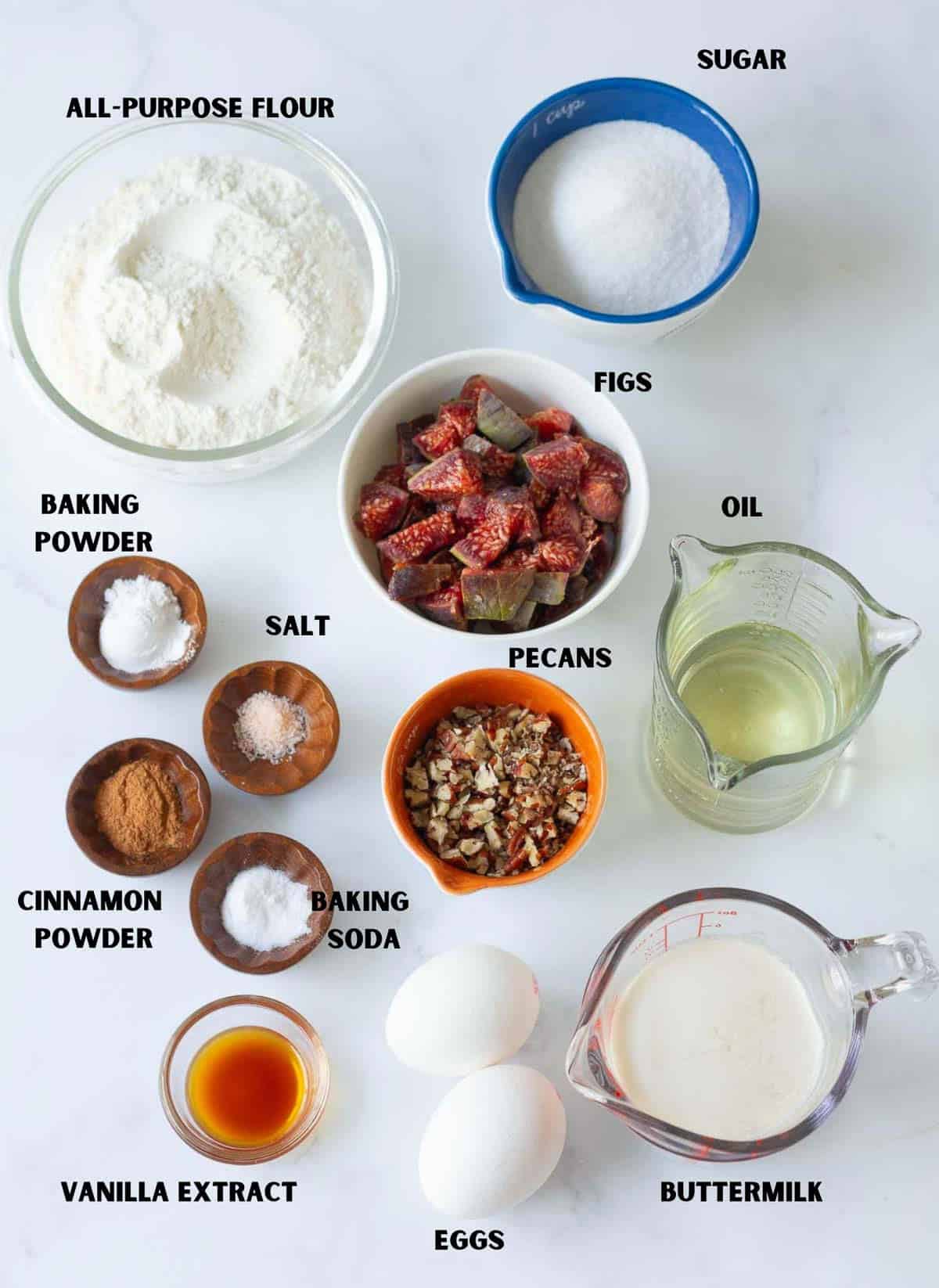 Ingredients needed to make fig bread.