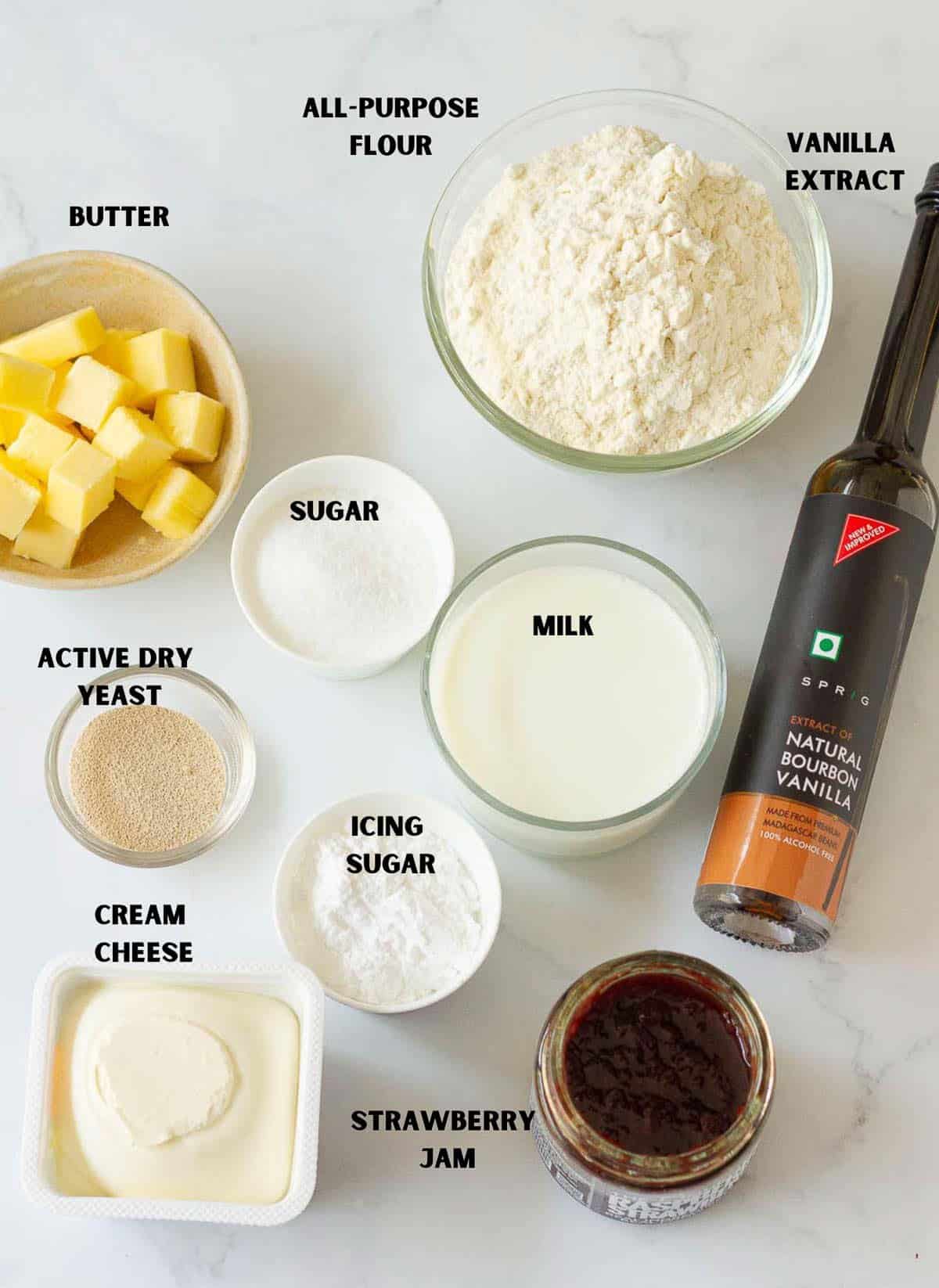 Ingredients for strawberry cream cheese rolls.
