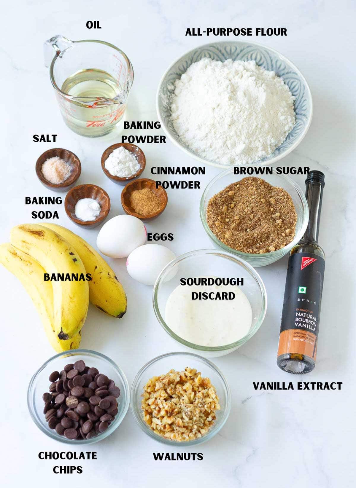 Ingredients for making sourdough banana bread.