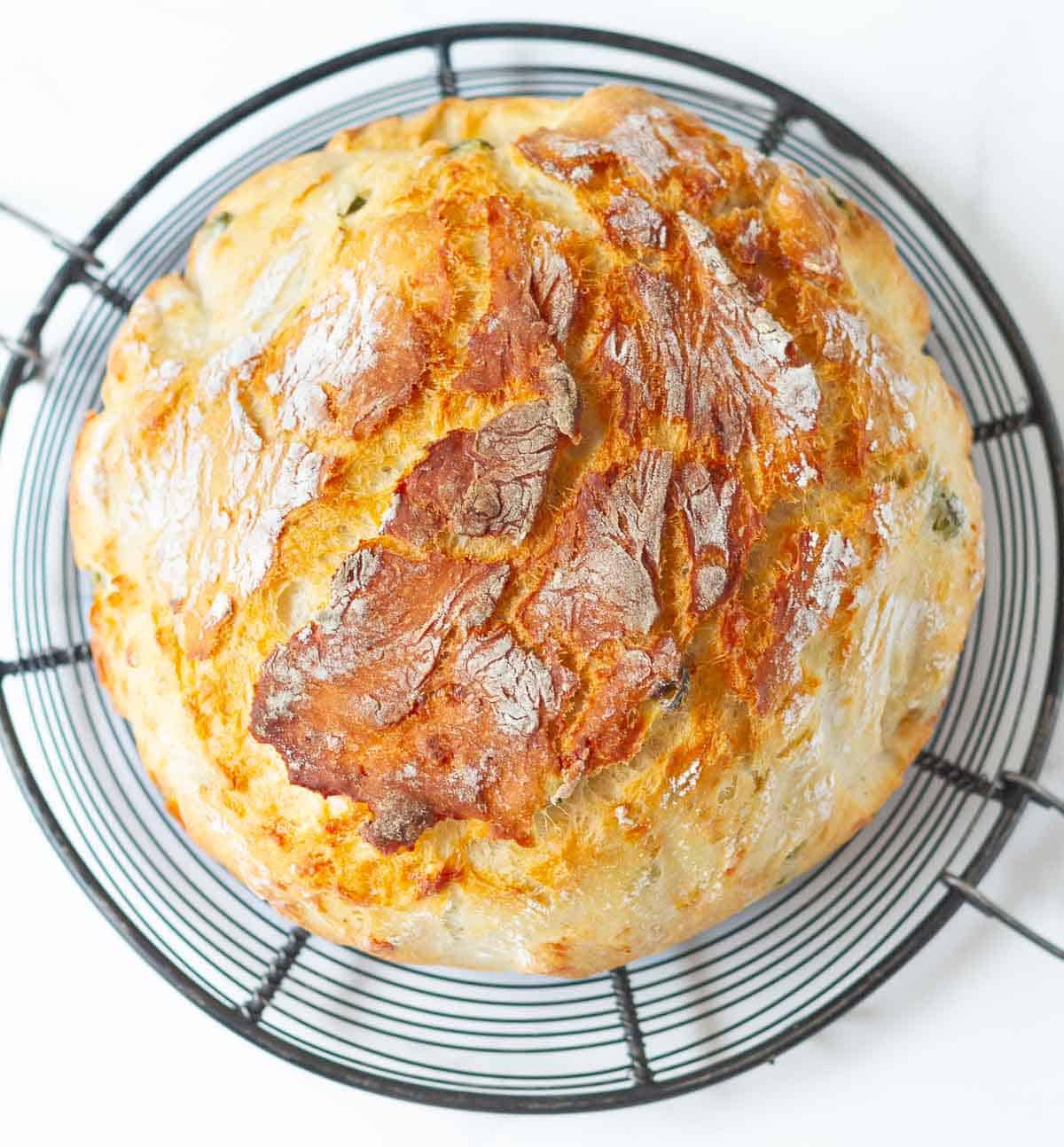 Baked bread on a round black cooling rack.
