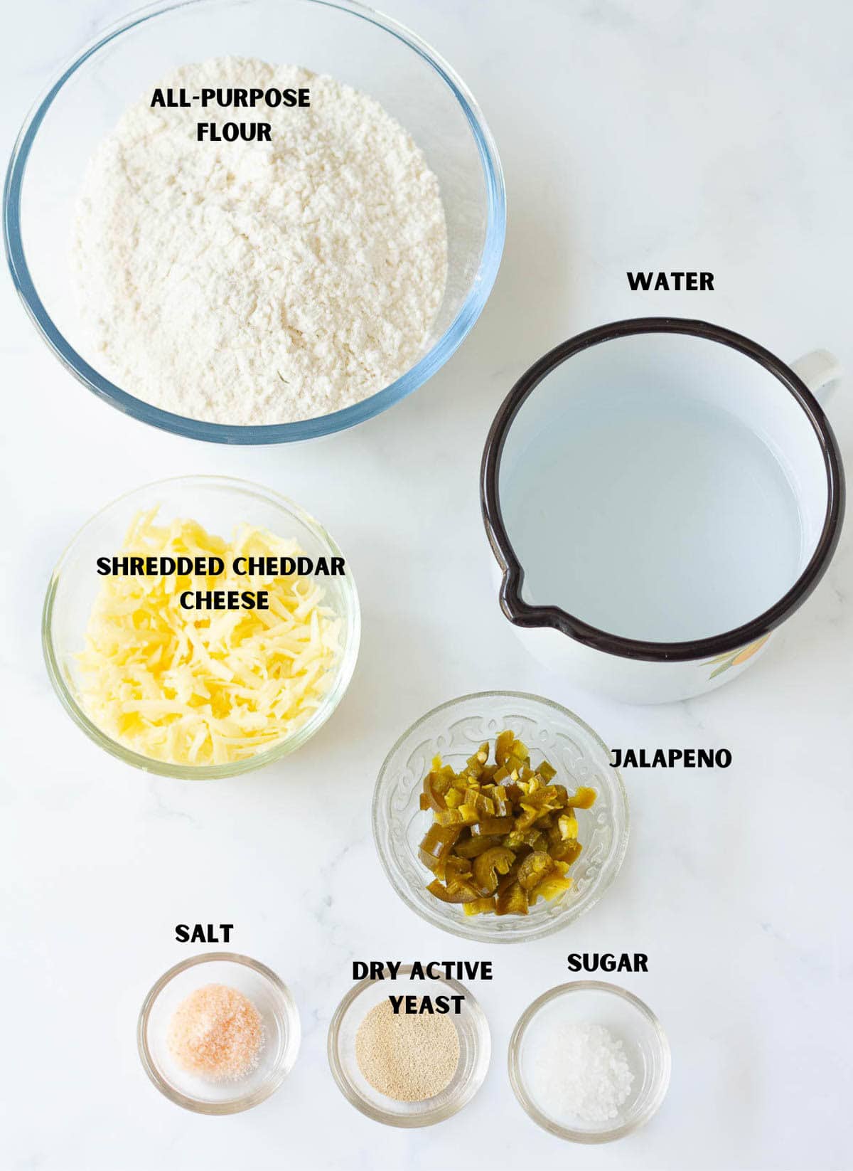 Ingredients for making no-knead jalapeno cheddar bread.