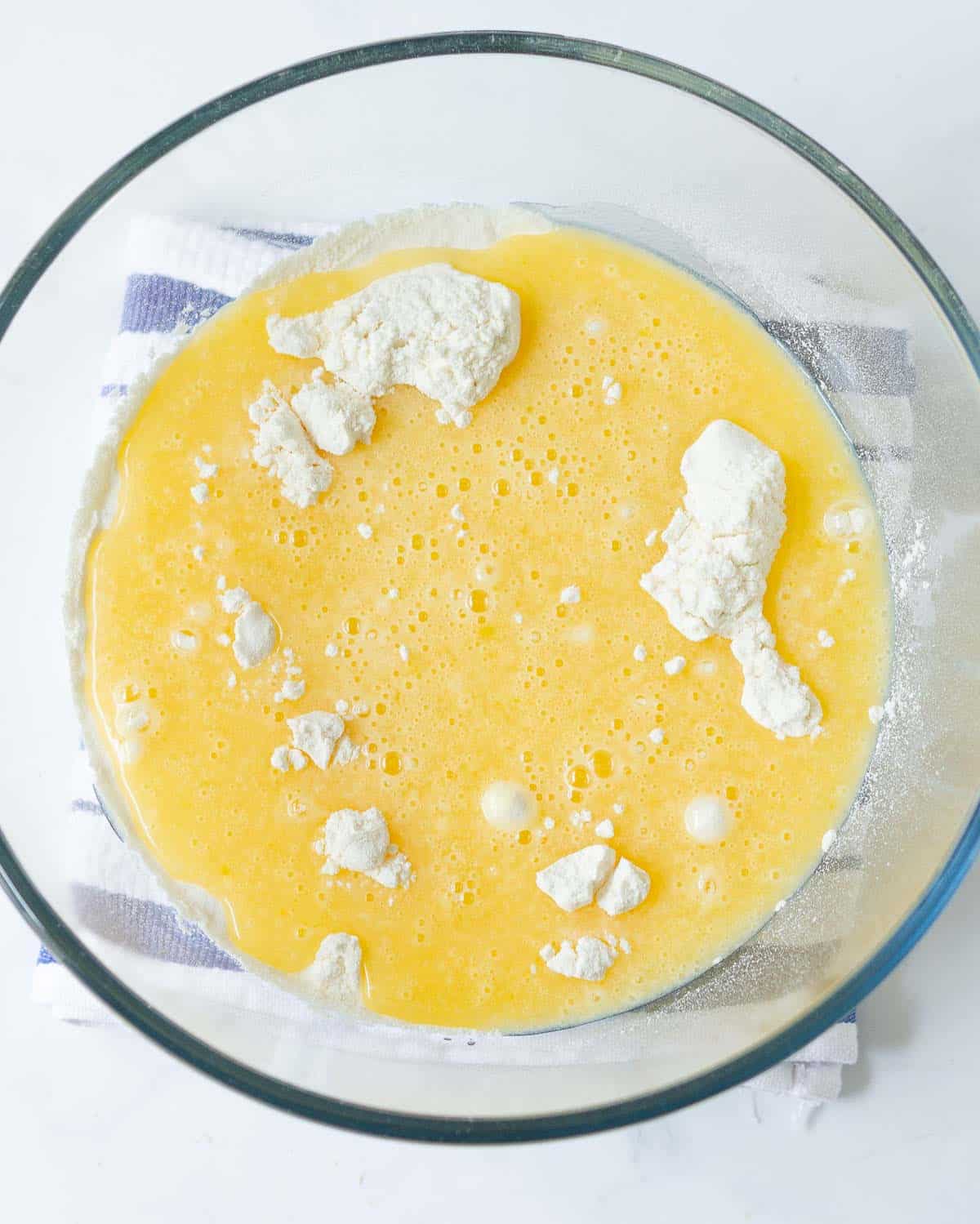Dry and wet ingredients in a bowl.
