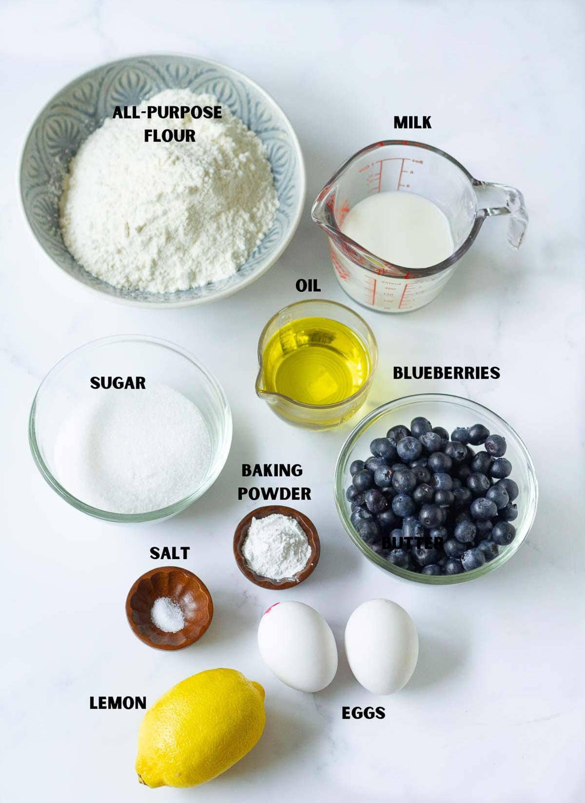 Ingredients to make blueberry lemon bread.