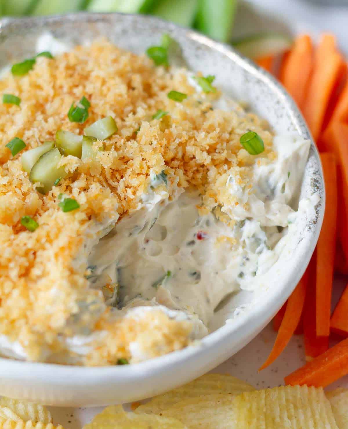 Dip with toasted breadcrumbs in a bowl.