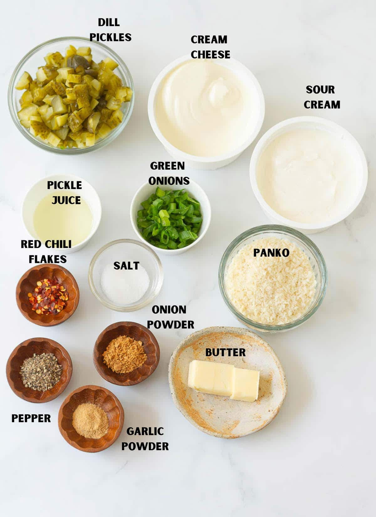 Ingredients for making fried pickle dip.