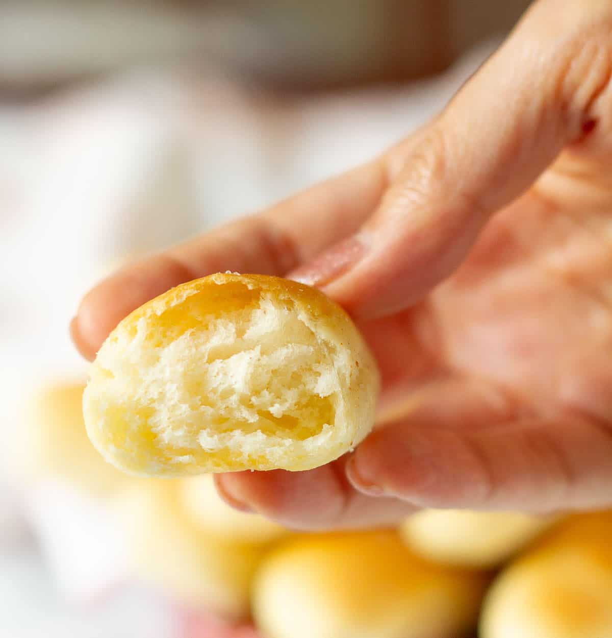 a hand holding a broken piece of a bread stick to show the fluffy interior.