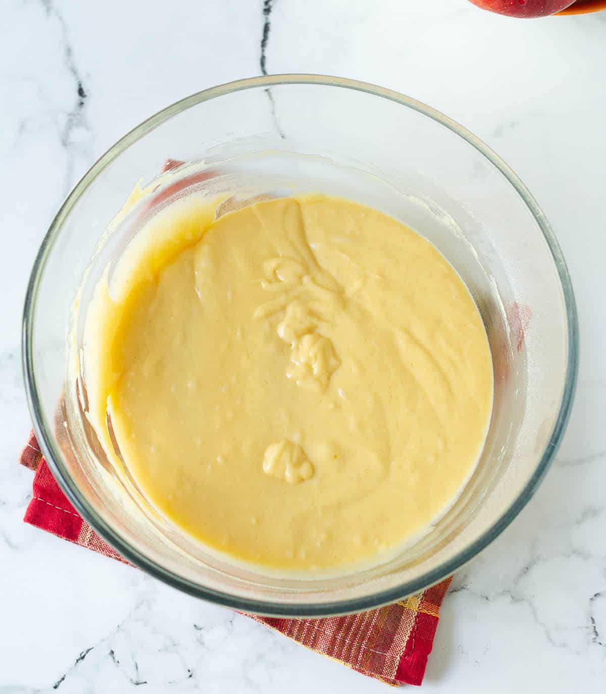 Cake batter in a mixing bowl.