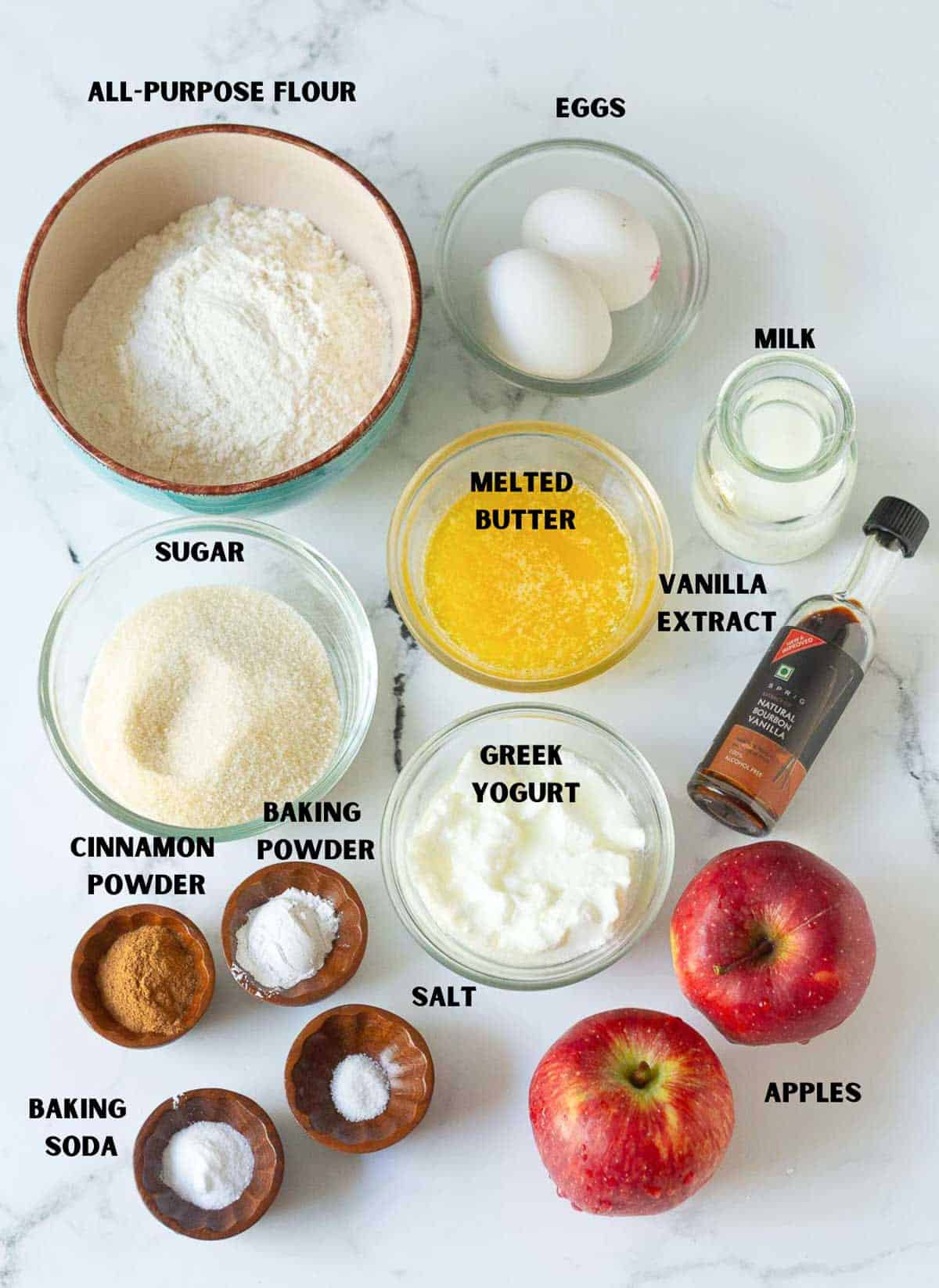 Labelled ingredients for making apple fritter cake.