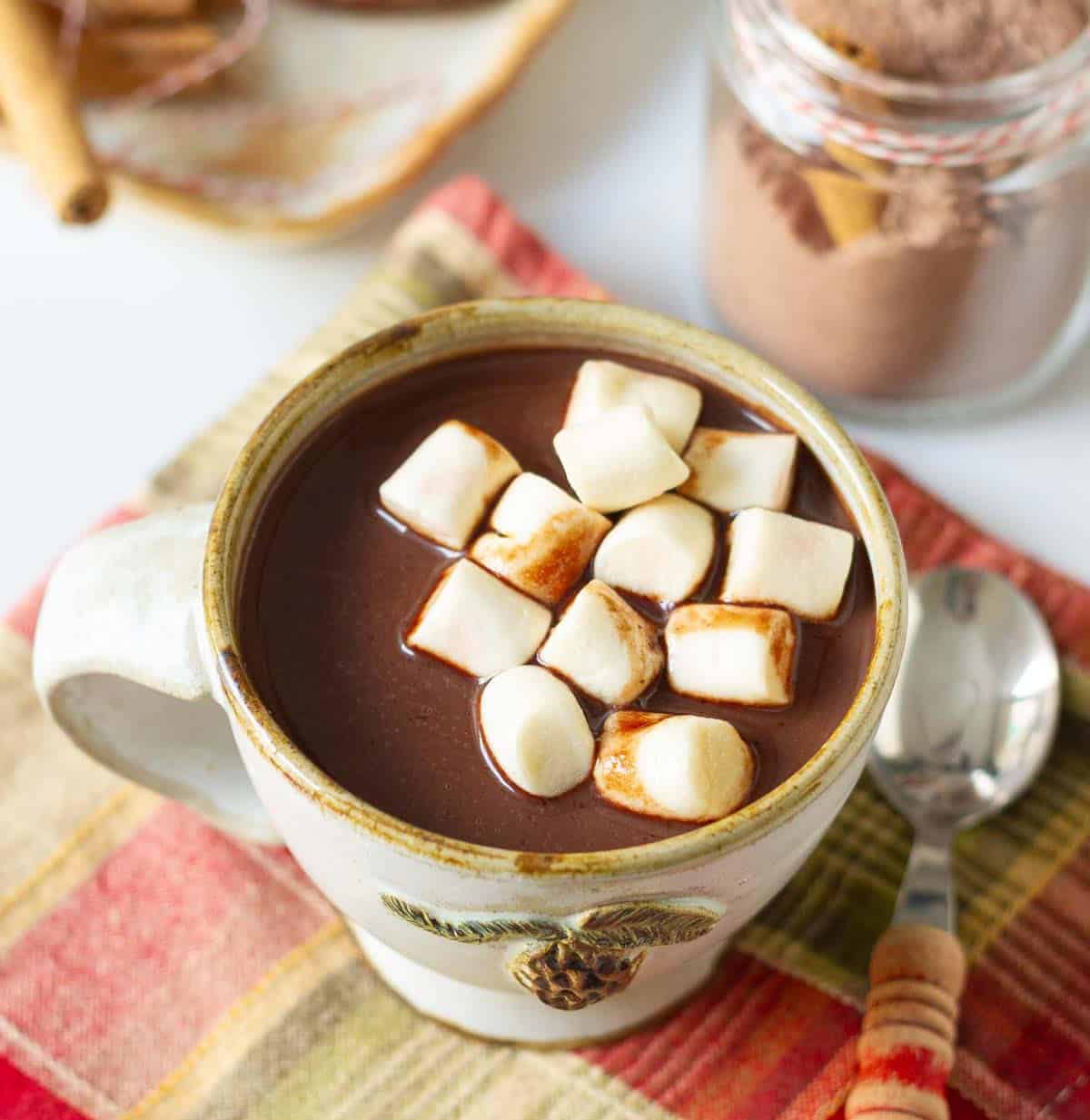 A cup of hot chocolate with marshmallows on top.