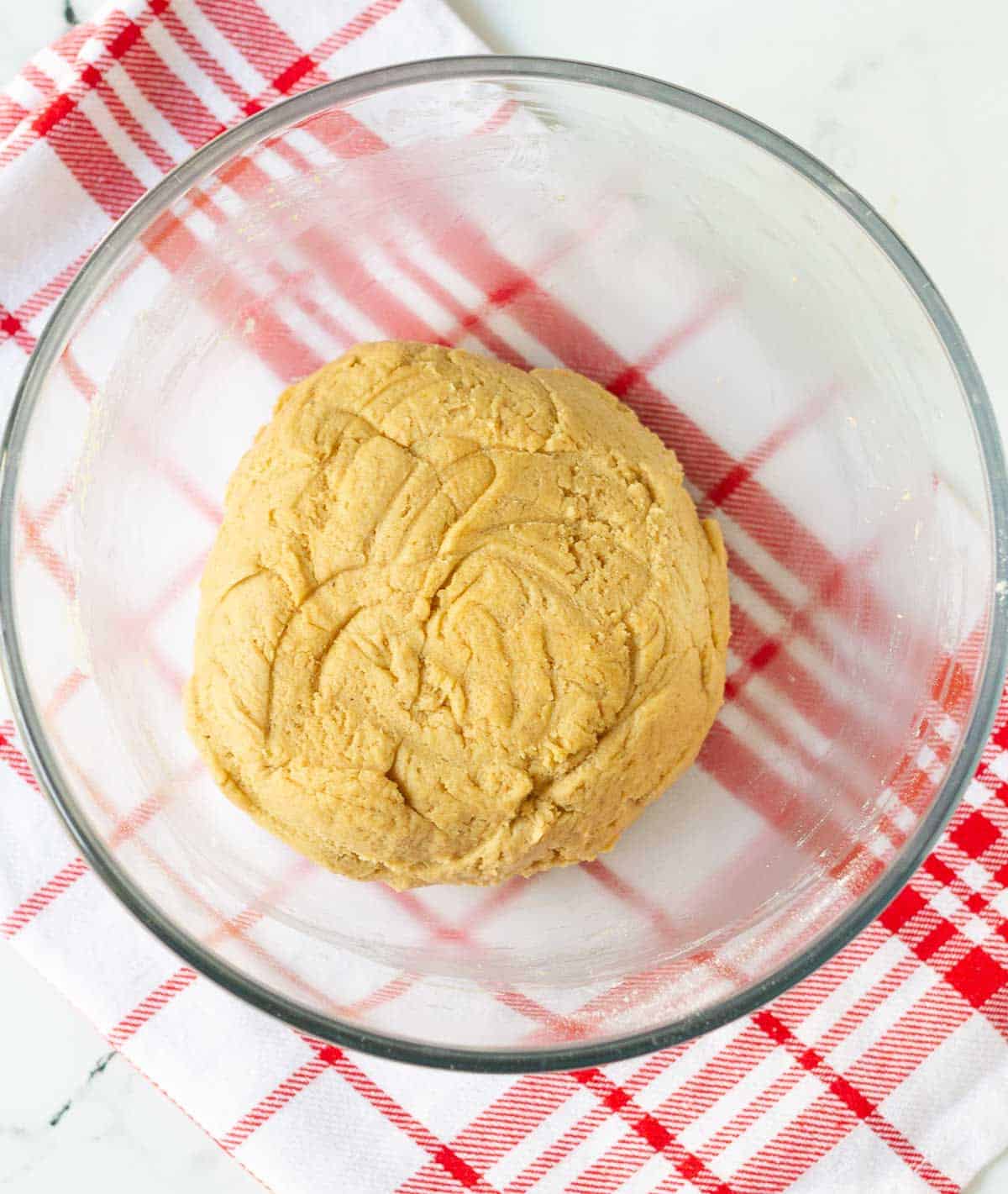 Cookie dough in a mixing bowl.