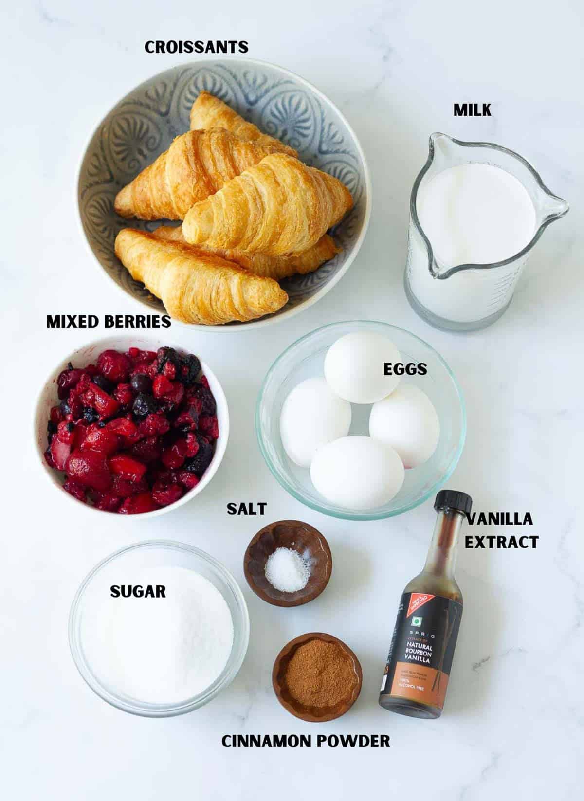 Ingredients for making croissant French toast casserole.