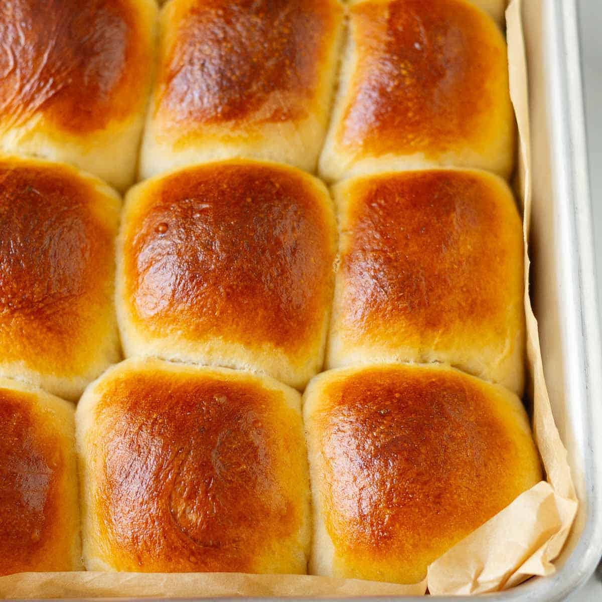 Bread rolls in a parchment-lined baking dish.