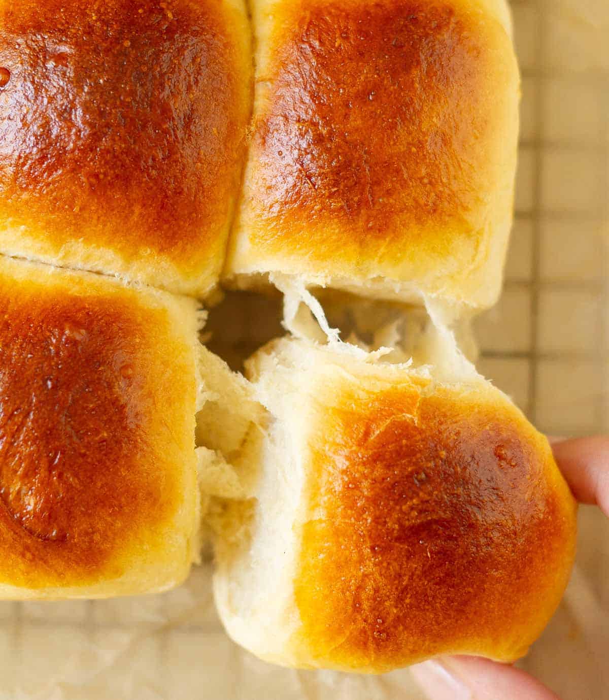 A bread roll being pulled from other rolls.